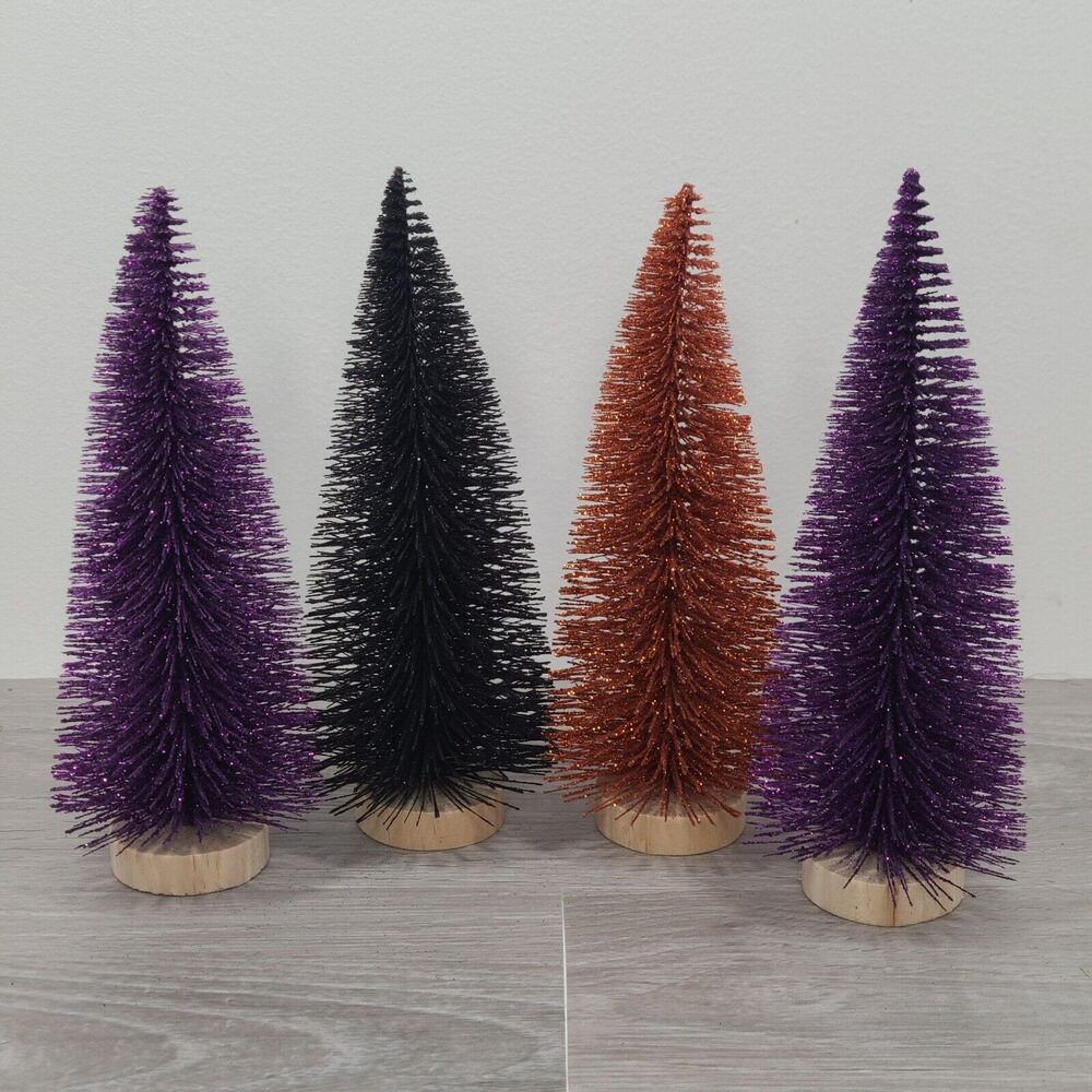 Bottlebrush Trees Lot Of 4 Orange Purple Black Glitter Fall Halloween Home Decor